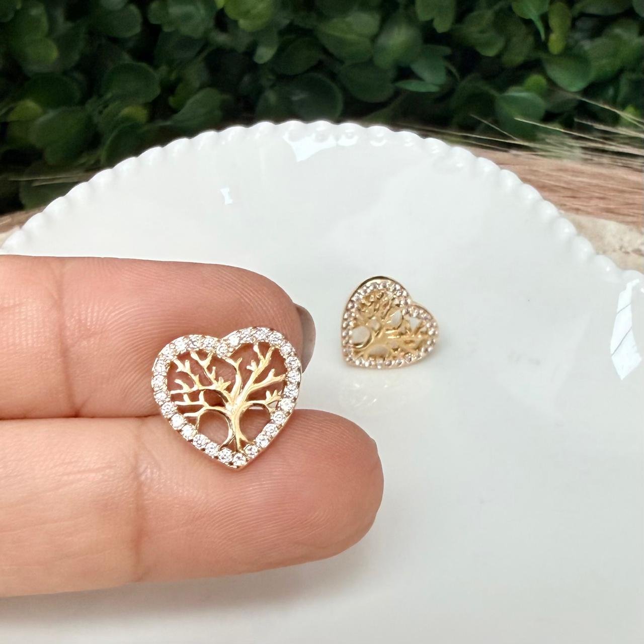 Brinco Coração Arvore Da Vida Zirconia Folheado A Ouro