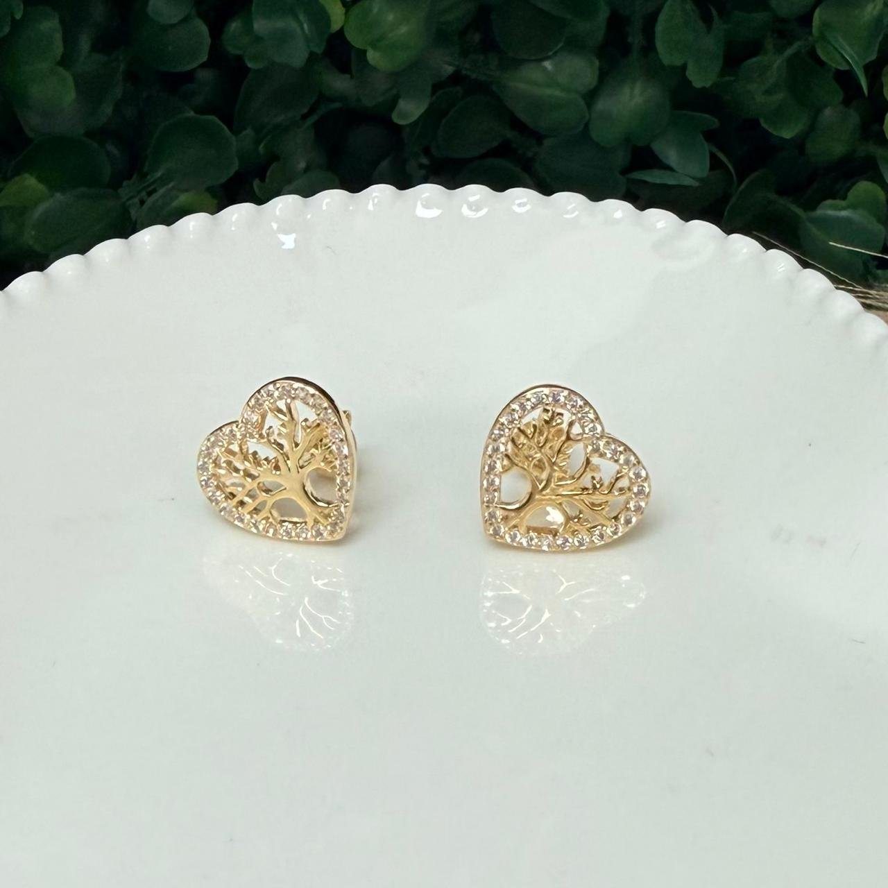 Brinco Coração Arvore Da Vida Zirconia Folheado A Ouro