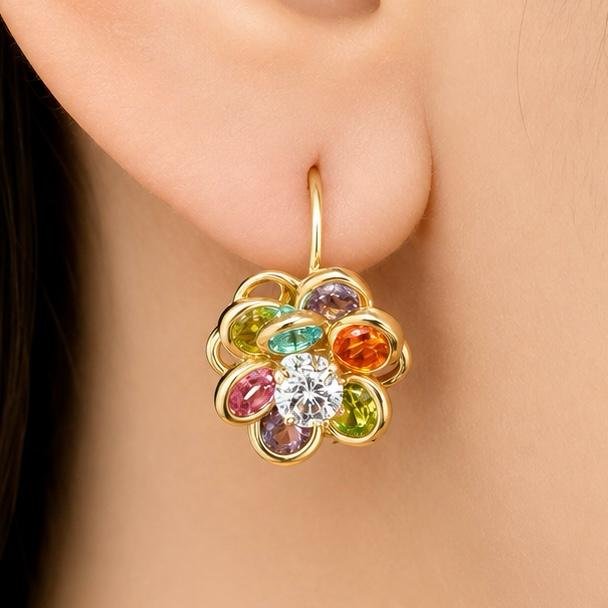 Brinco Flor Com Zircônias Coloridas Folheado A Ouro Feminino