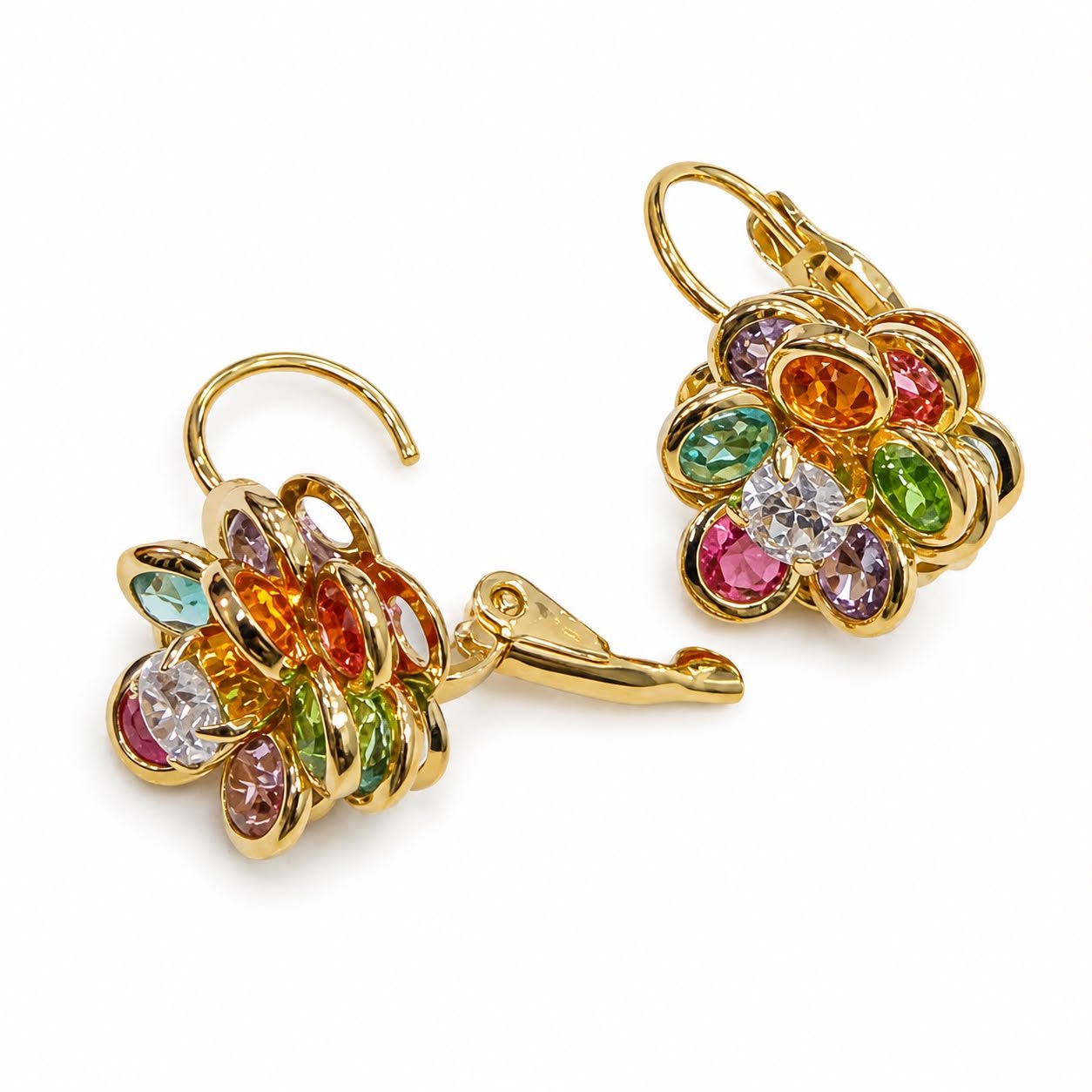 Brinco Flor Com Zircônias Coloridas Folheado A Ouro Feminino