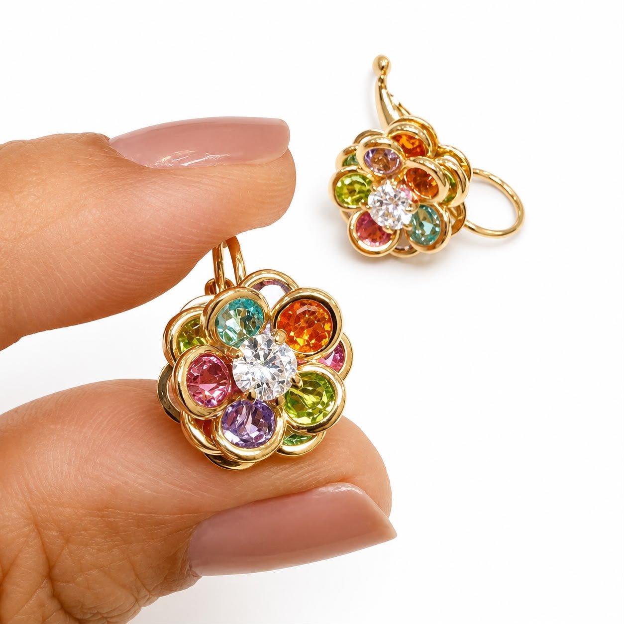 Brinco Flor Com Zircônias Coloridas Folheado A Ouro Feminino