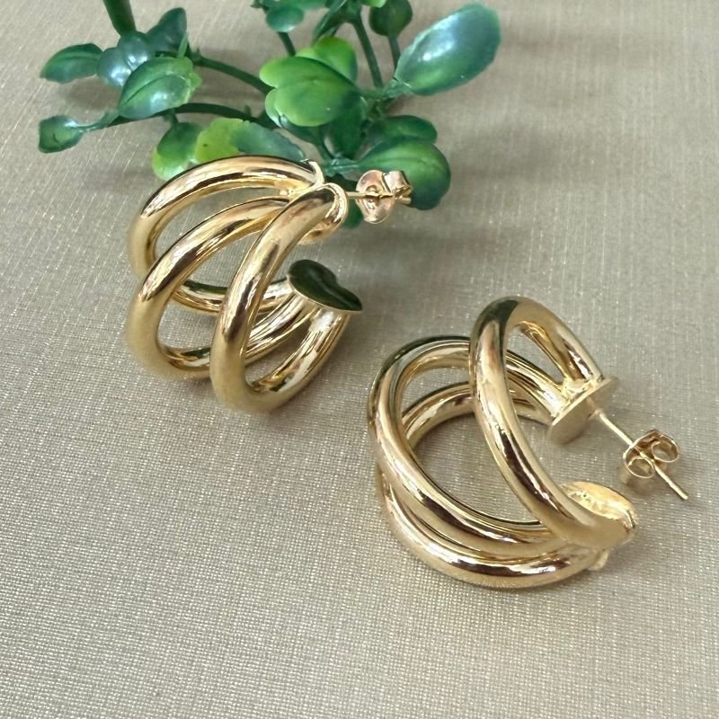 Argola Tubo Tripla Folheado A Ouro