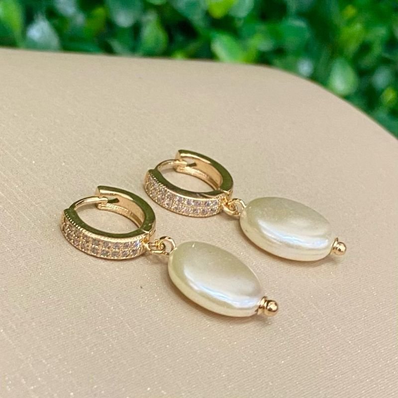 Brinco Argola De Perola Folheado A Ouro