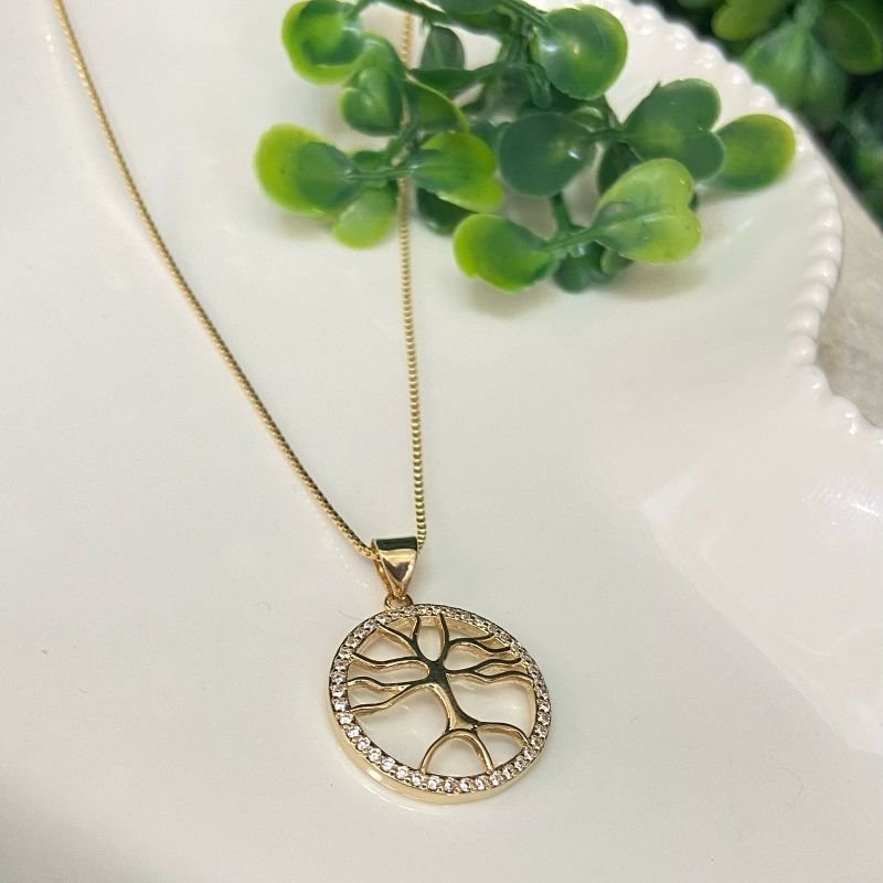 Colar Mandala Árvore Da Vida Cravejado Zircônia Folheado Ouro 18k Luxo