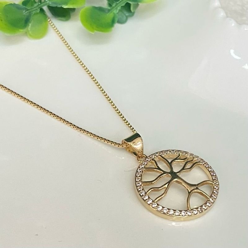 Colar Mandala Árvore Da Vida Cravejado Zircônia Folheado Ouro 18k Luxo