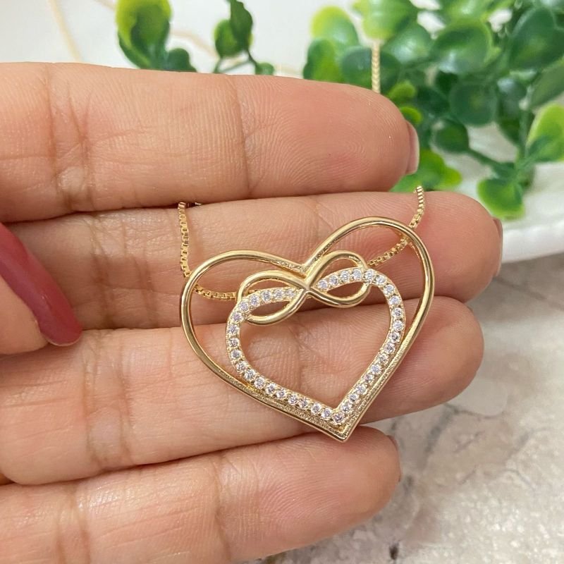 Colar Coração Com Infinito Folheado A Ouro