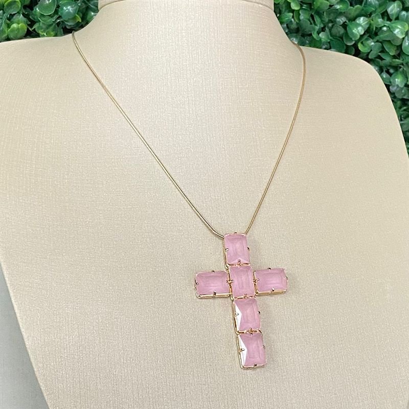 COLAR CRUZ COM PEDRA FOLHEADO A OURO