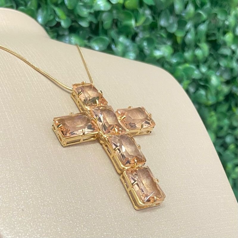 Colar Cruz Com Pedra Folheado A Ouro