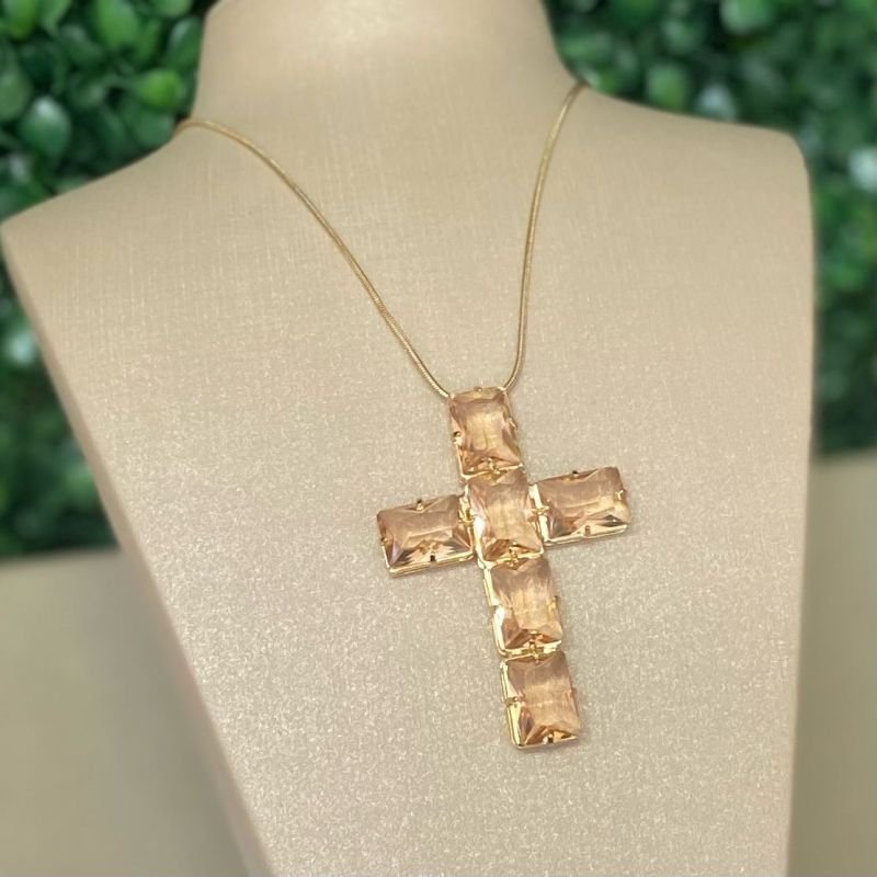 Colar Cruz Com Pedra Folheado A Ouro