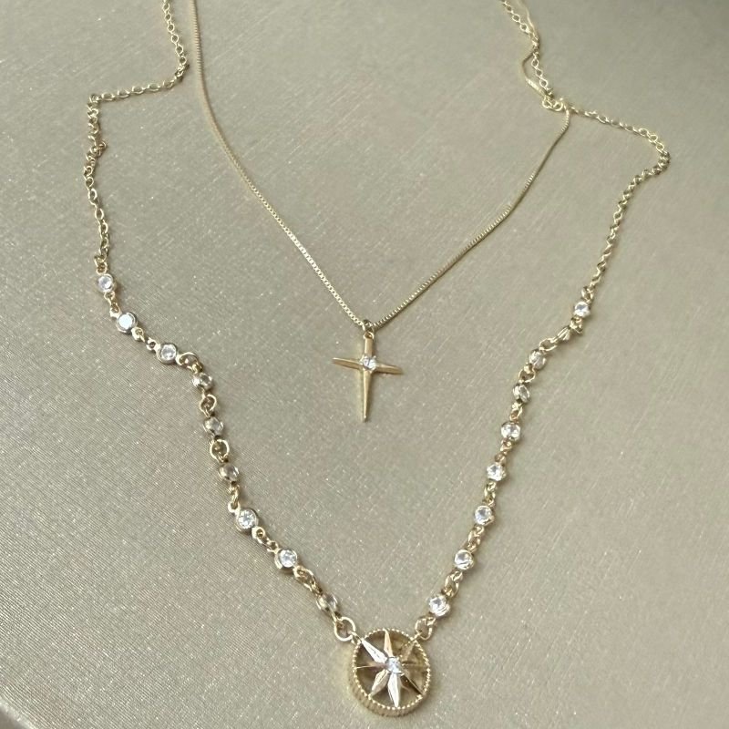 Colar Duplo Zirconia Folheado Aouro