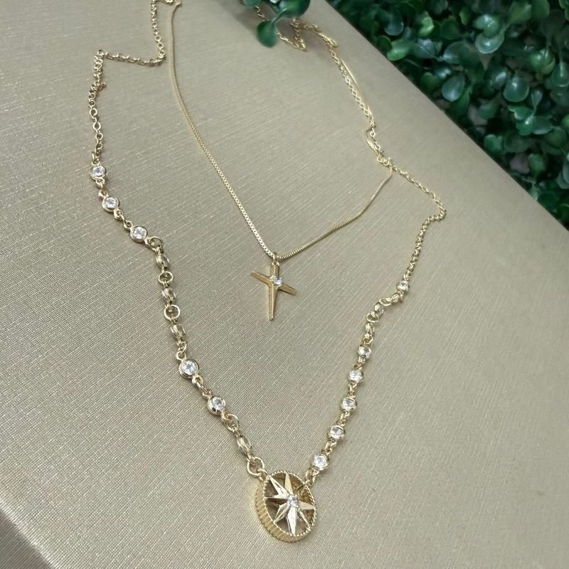 Colar Duplo Zirconia Folheado Aouro