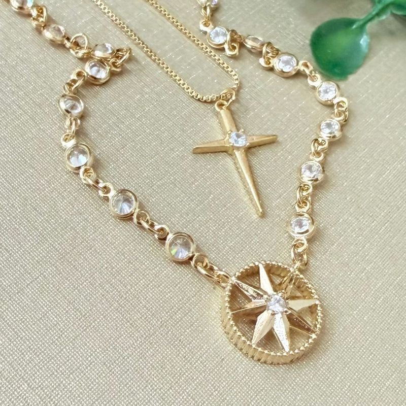 Colar Duplo Zirconia Folheado Aouro