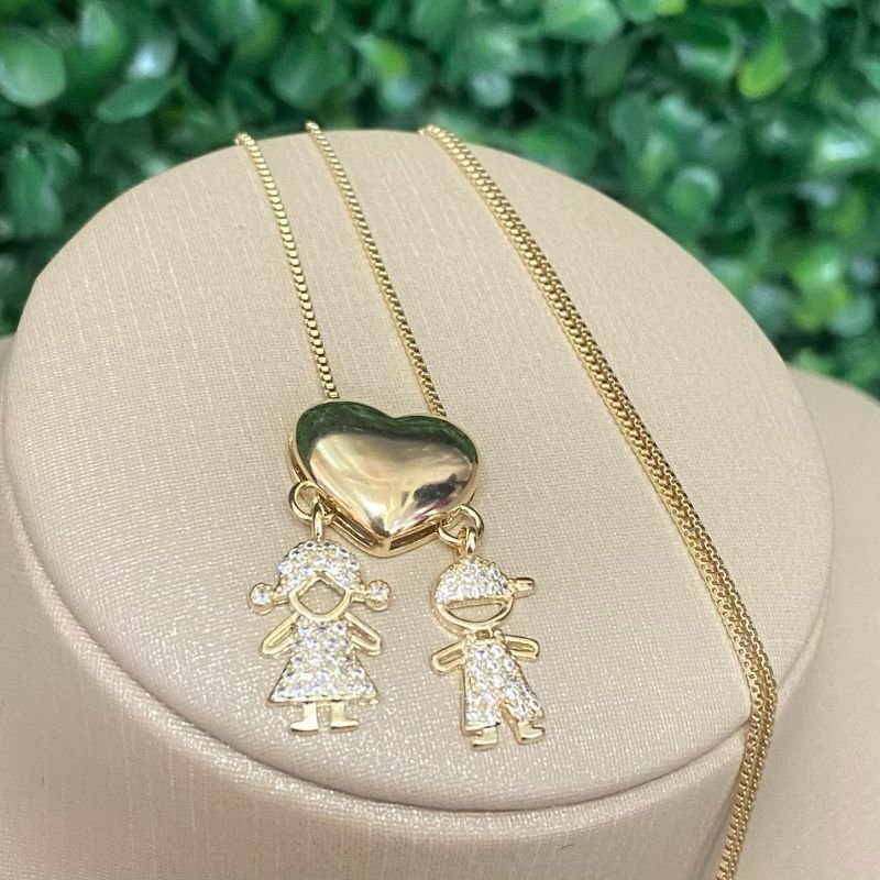 Colar E Pingente Casal De Filhos Folheado A Ouro