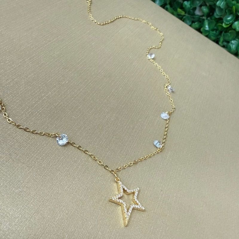 Colar Estrela Com Zirconia Folheado A Ouro