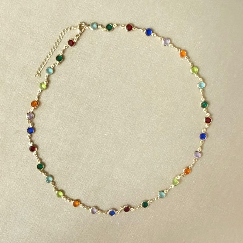 Colar Pedras Coloridas Redondas M Folheado A Ouro