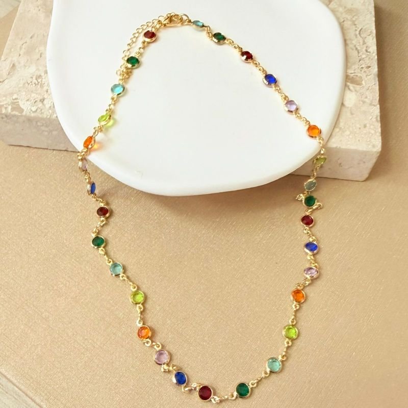 Colar Pedras Coloridas Redondas M Folheado A Ouro