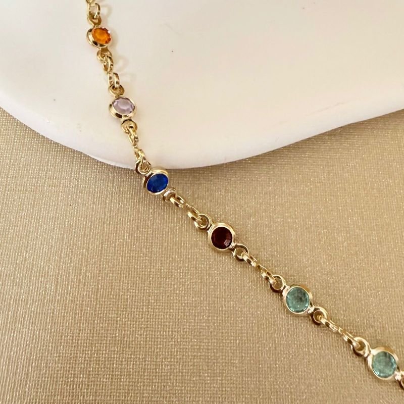 Colar Pedras Coloridas Redondas P Folheado A Ouro