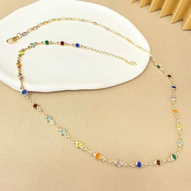 Colar Pedras Coloridas Redondas P Folheado A Ouro