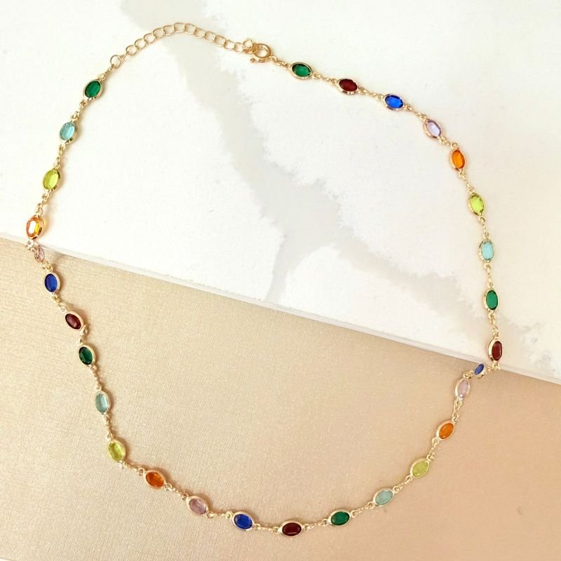 Gargantilha Folheada A Ouro Pedras Coloridas Oval 40cm