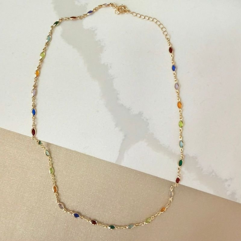 Gargantilha Folheada A Ouro Pedras Coloridas Oval 40cm