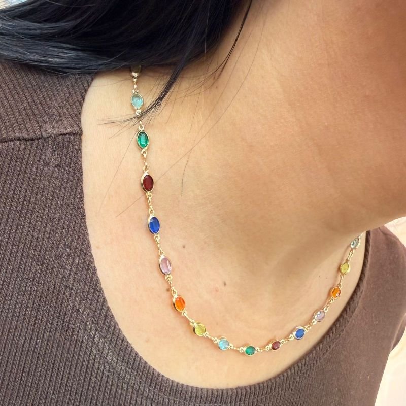 Gargantilha Folheada A Ouro Pedras Coloridas Oval 40cm