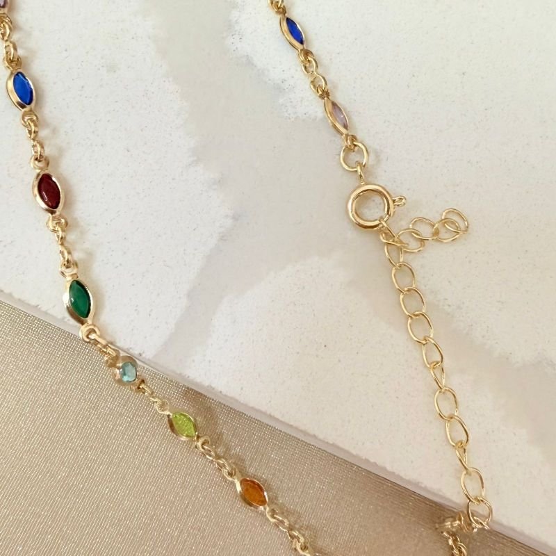 Gargantilha Folheada A Ouro 18k Pedra Colorida Ovalada