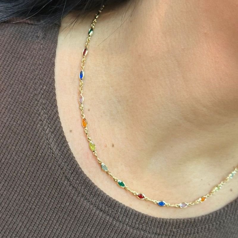 Gargantilha Folheada A Ouro 18k Pedra Colorida Ovalada