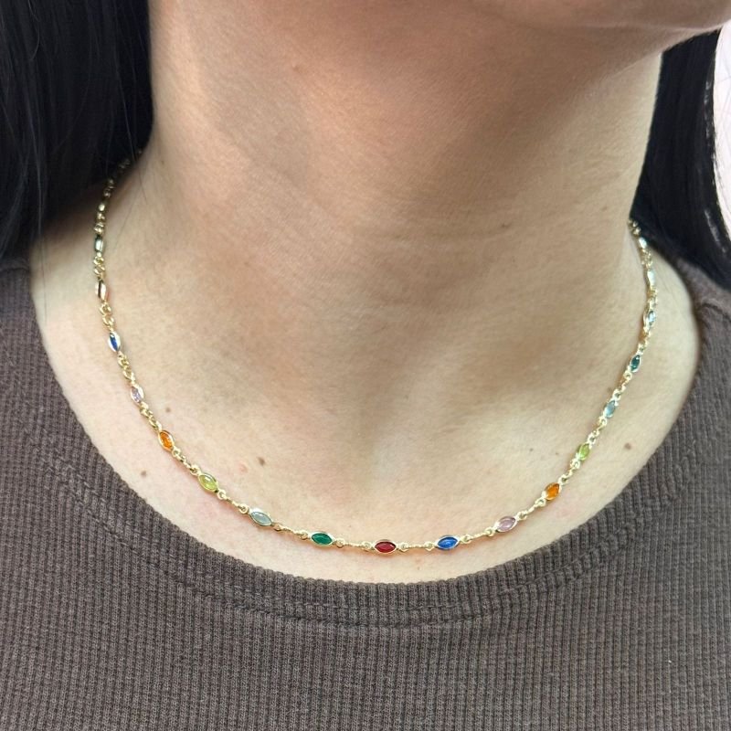 Gargantilha Folheada A Ouro 18k Pedra Colorida Ovalada