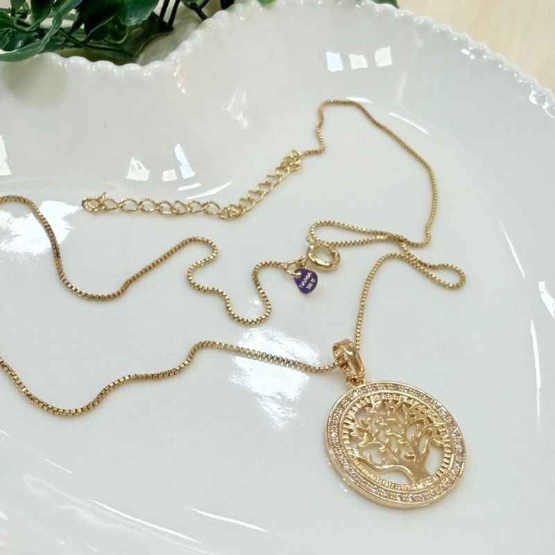 Colar Mandala Árvore Da Vida Cravejado Zircônia Folheado Ouro 18k Luxo