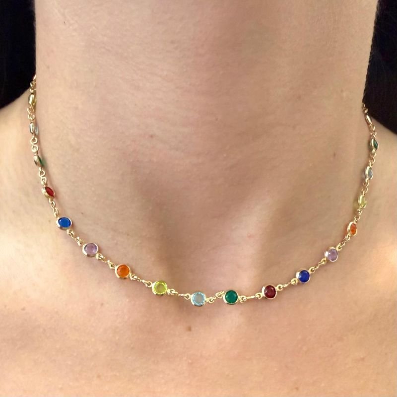 Colar Pedras Coloridas Redondas M Folheado A Ouro