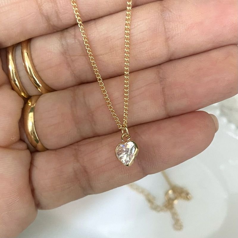 Colar Ponto De Luz Coração Zirconia Folheado A Ouro
