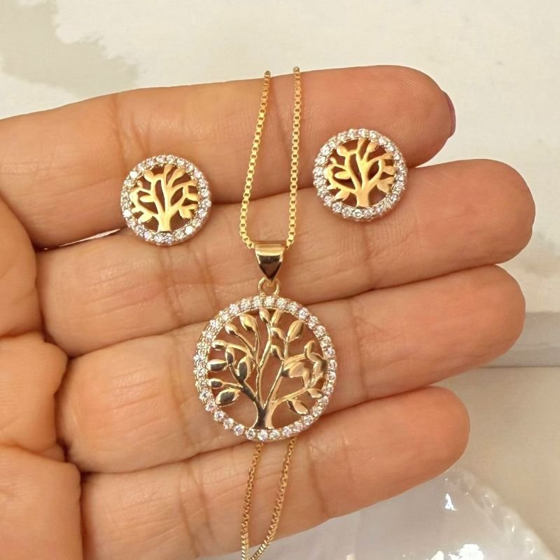 Conjunto Arvore Da Vida Zirconia Folheado A Ouro