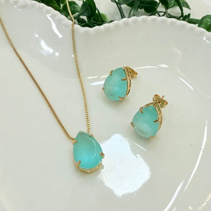 Conjunto Brincos+colar Gota Folheado A Ouro Azul