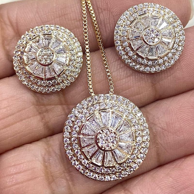CONJUNTO ZIRCONIA FOLHEADO A OURO