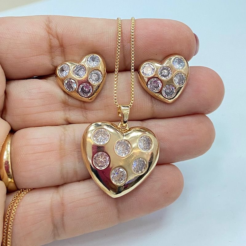 CONJUNTO CORAÇÃO COM ZIRCONIAS FOLHEADO A OURO