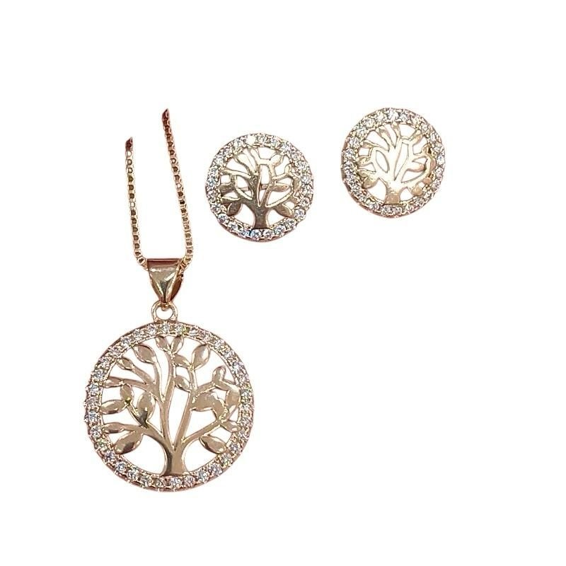 Conjunto De Colar E Brincos Arvore Da Vida Com Zirconia Folheado A Ouro
