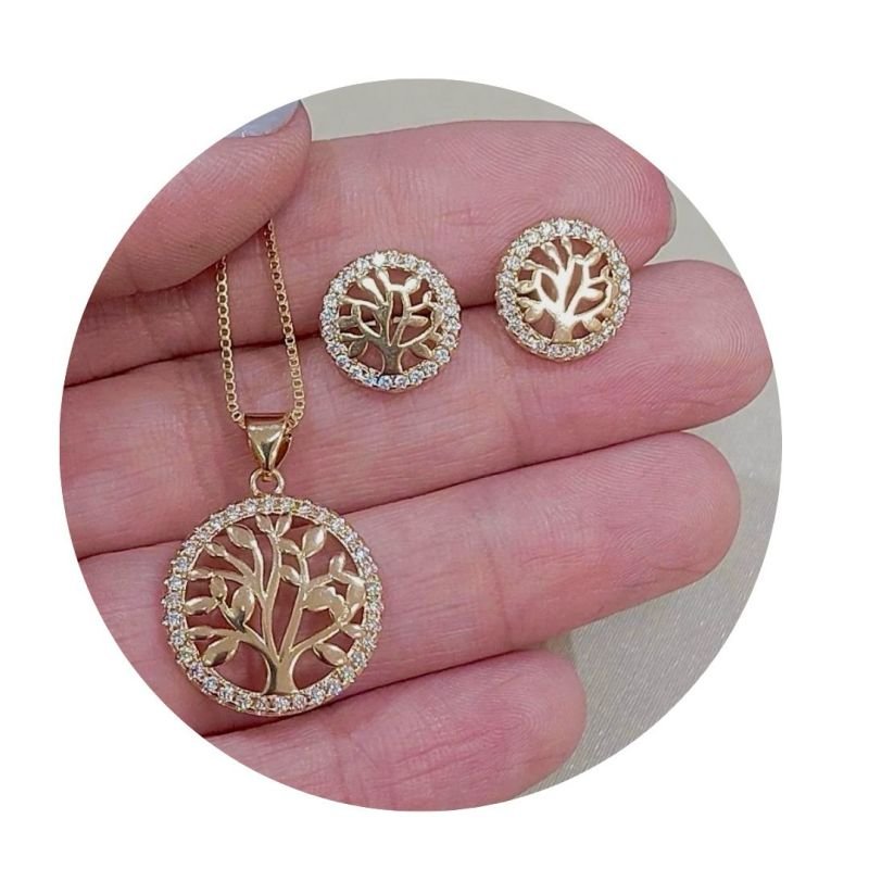 Conjunto De Colar E Brincos Arvore Da Vida Com Zirconia Folheado A Ouro