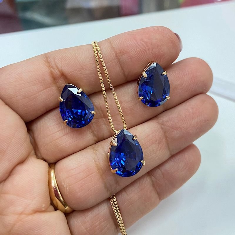 Conjunto Gota Folheado A Ouro Azul