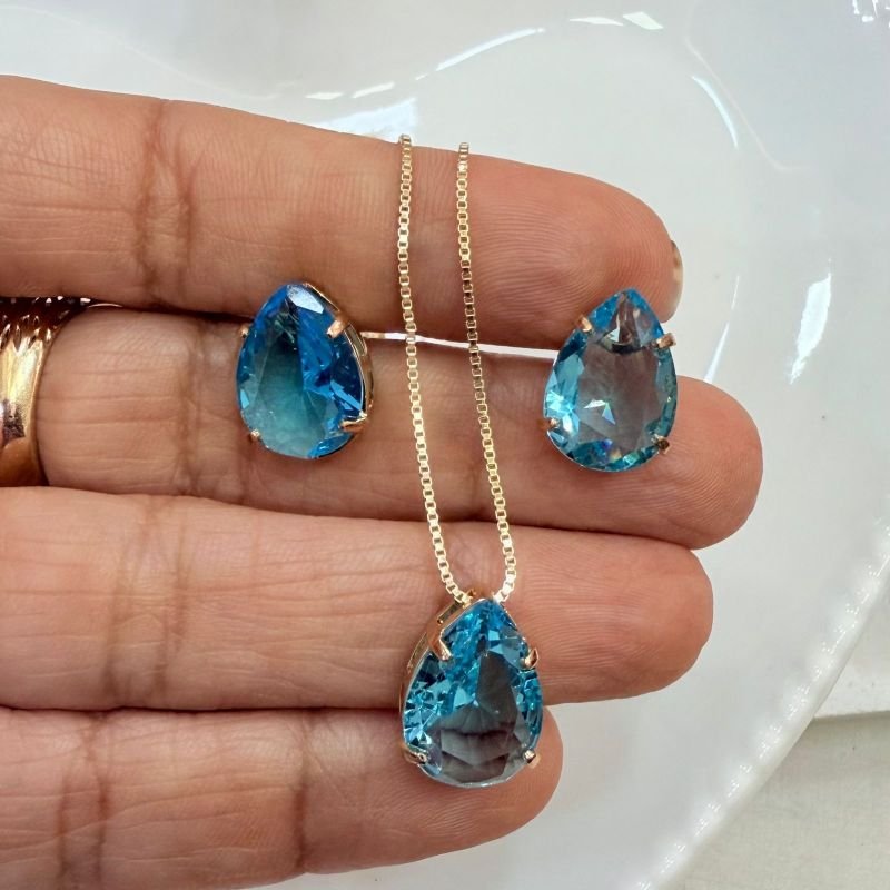 Conjunto Gota Folheado A Ouro Azul Claro