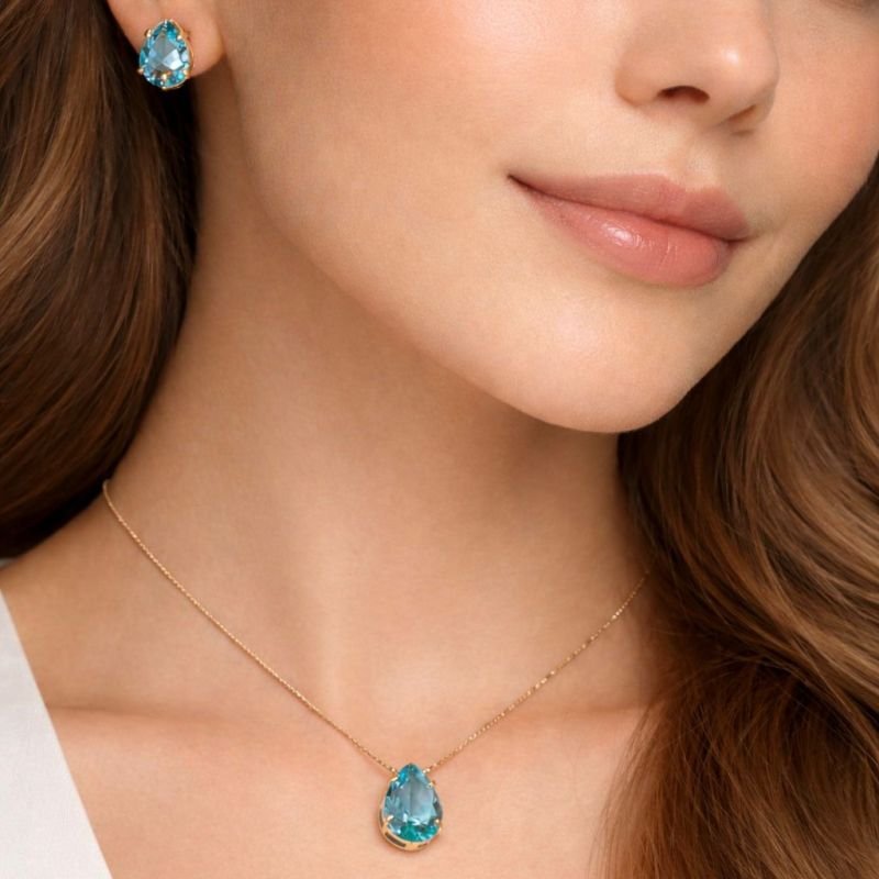 Conjunto Brincos + Colar Pedra Gota Folheado A Ouro
