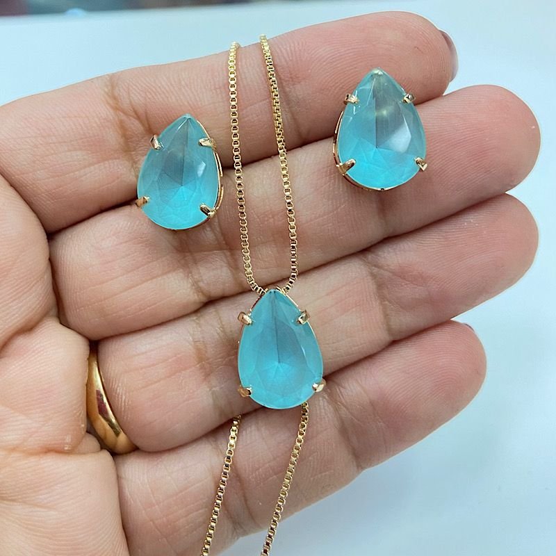 CONJUNTO GOTA FOLHEADO A OURO AZUL LEITOSO