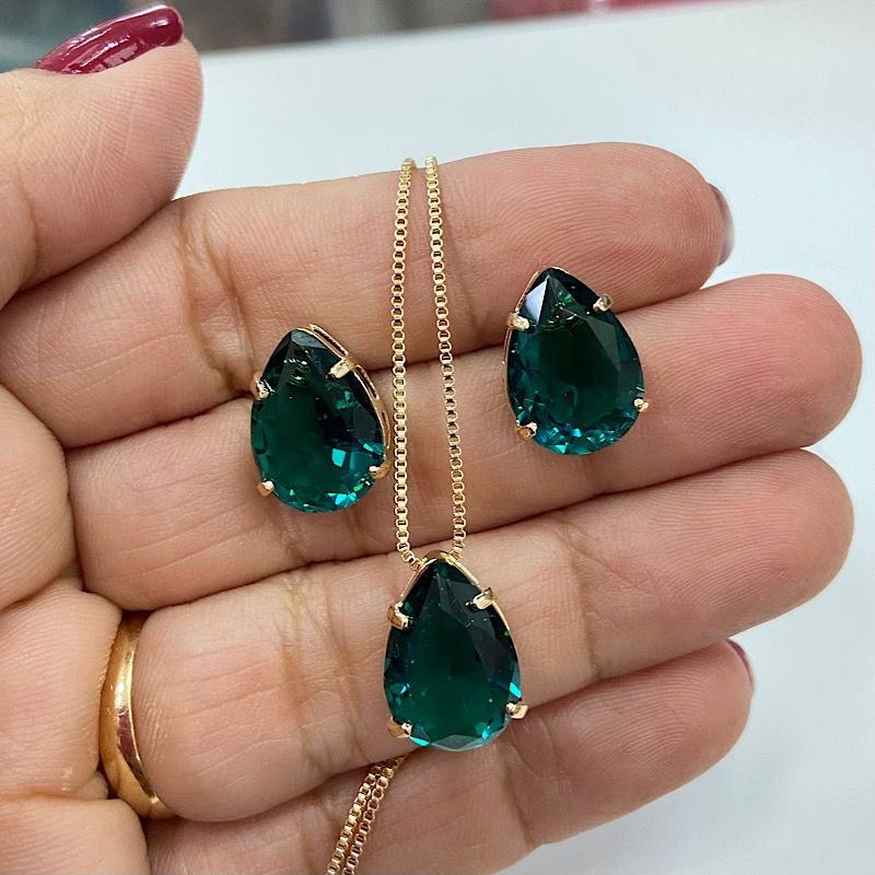 Conjunto Gota Folheado A Ouro Verde Escuro