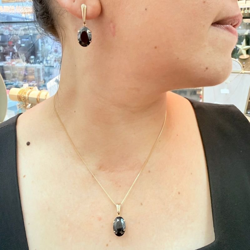 Conjunto Pedra Zirconia Oval Preta Folheado A Ouro