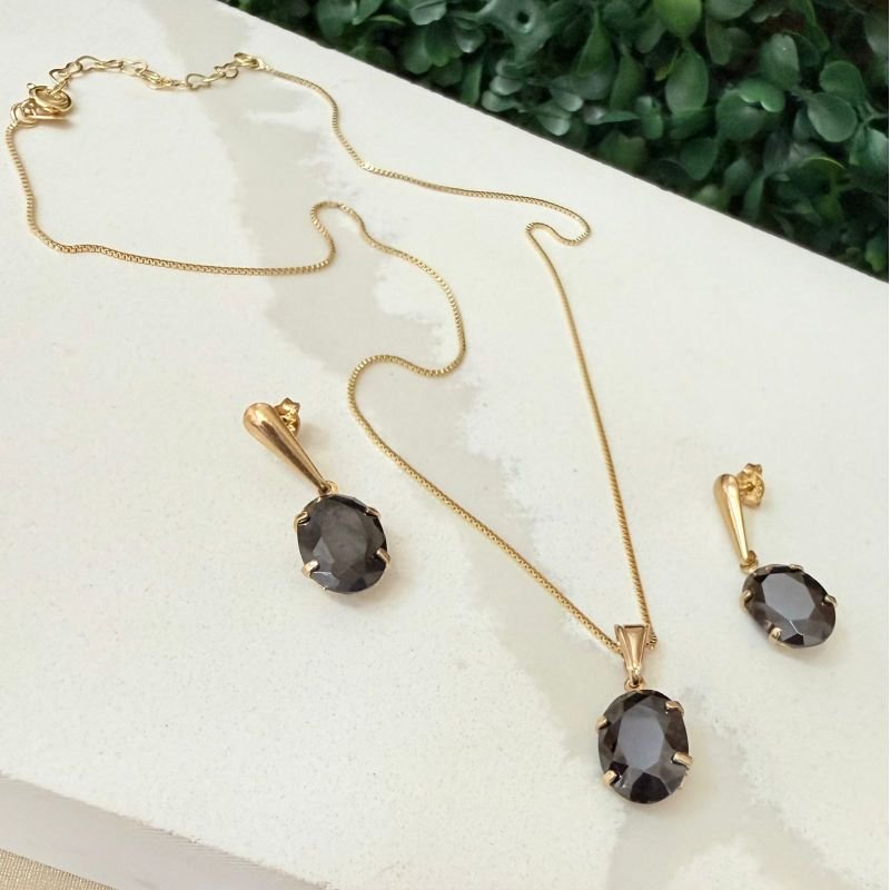 Conjunto Pedra Zirconia Oval Preta Folheado A Ouro