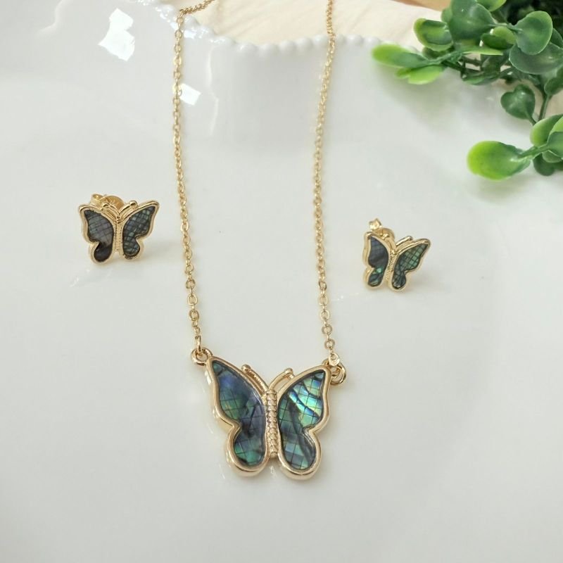 Conjunto Brincos+colar Borboleta Folheado A Ouro 18k