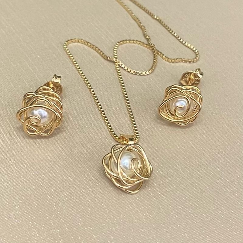 Conjunto Perola Folheado A Ouro Dourado
