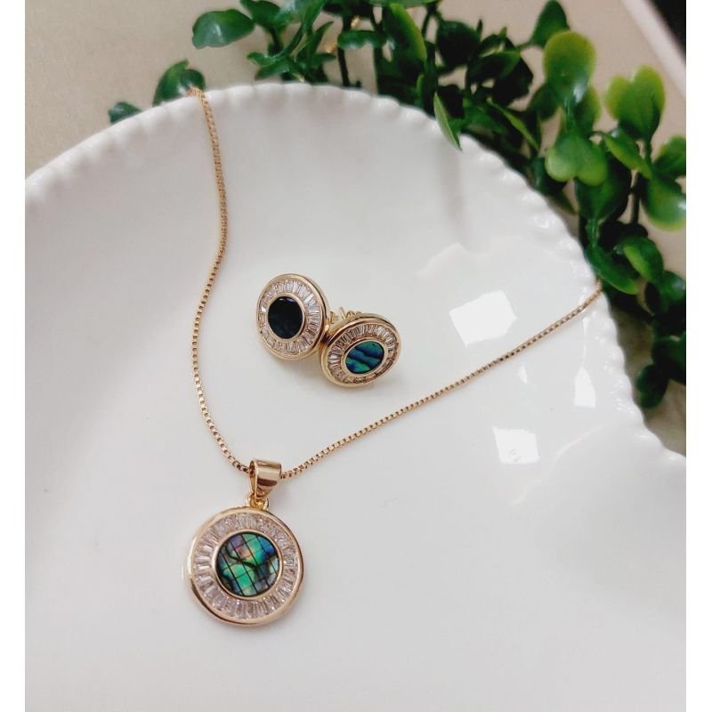 Conjunto Redondo Abaloni Zirconia Folheado A Ouro