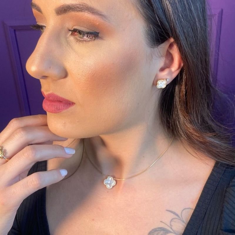 Conjunto Trevo De 4 Folhas Com Zirconias Banhado