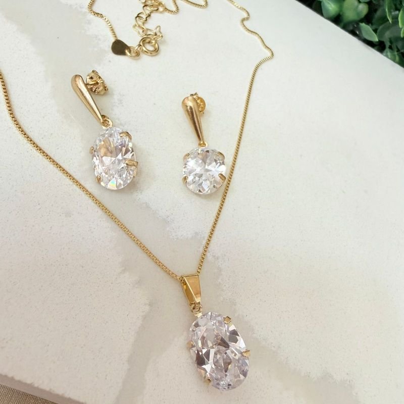 Conjunto Brinco E Colar Zirconia Folheado A Ouro