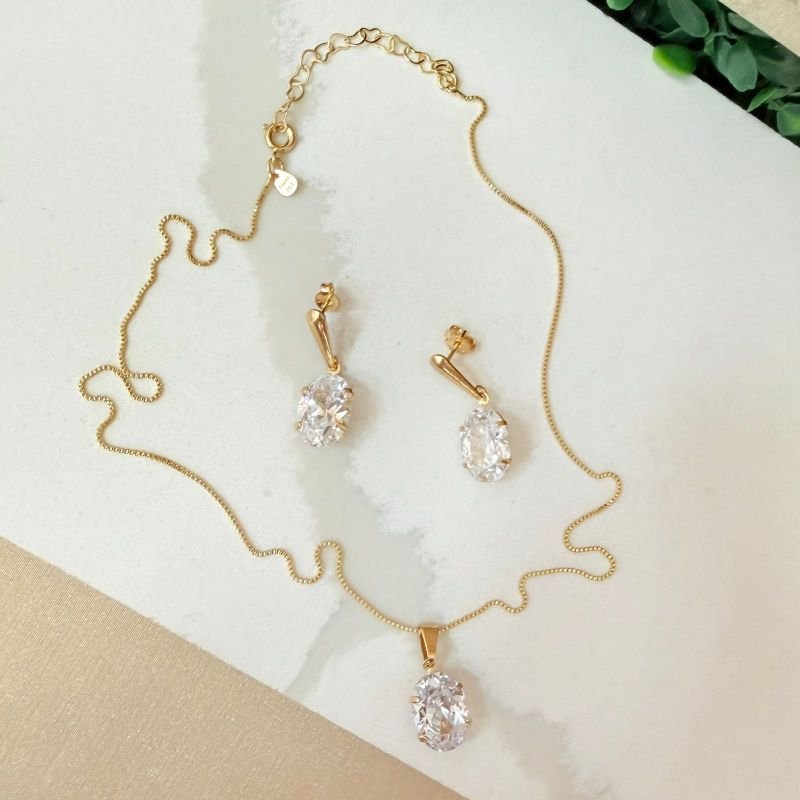 Conjunto Brinco E Colar Zirconia Folheado A Ouro